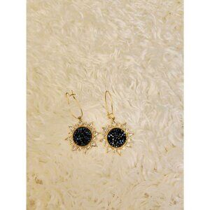 Gold-Tone Sunburst Drop Earrings With Black Crystals & Clear Rhinestones